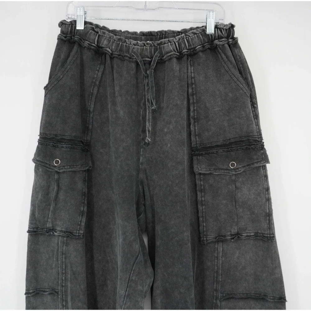 Easel Womens Utility Mineral Washed Wide Leg Terry Knit Cargo Pant Black Large - Picture 7 of 15